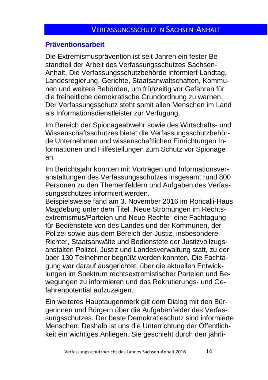 Seite 14 des Verfassungsschutzbericht 2016 Sachsen-Anhalt