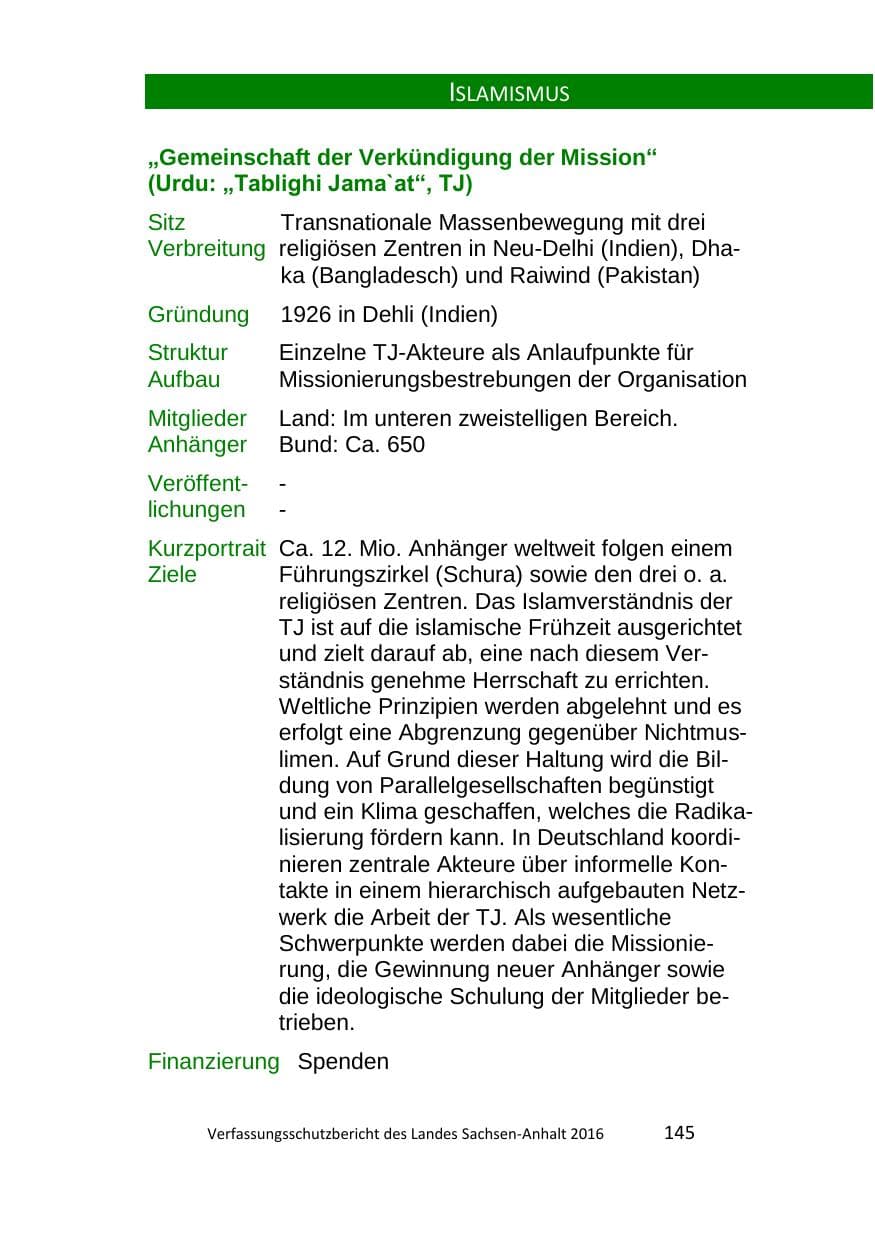 Seite 145 des Verfassungsschutzbericht 2016 Sachsen-Anhalt