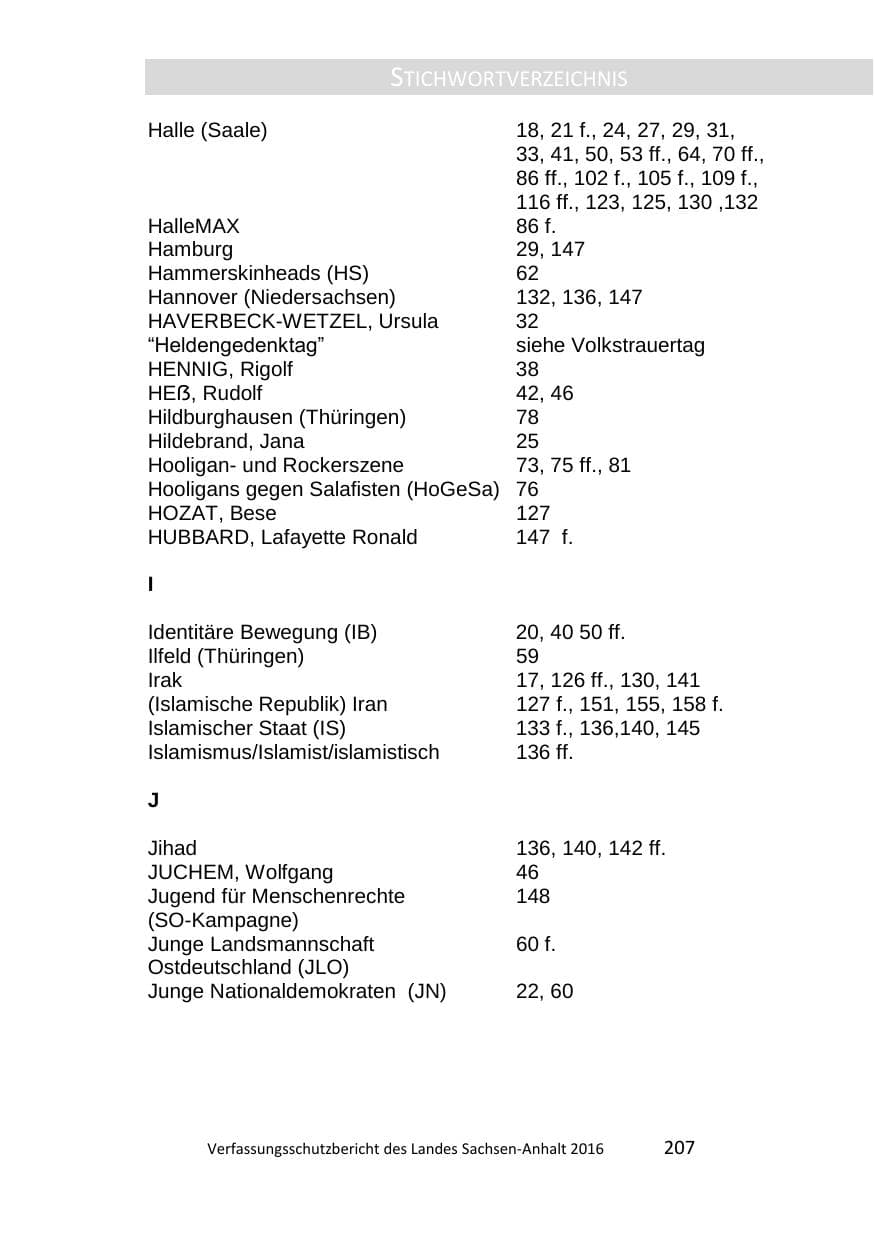 Seite 207 des Verfassungsschutzbericht 2016 Sachsen-Anhalt