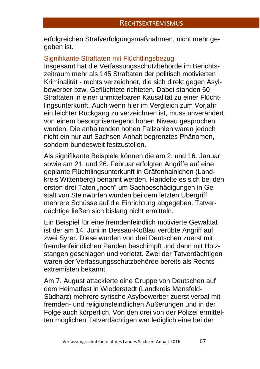 Seite 67 des Verfassungsschutzbericht 2016 Sachsen-Anhalt