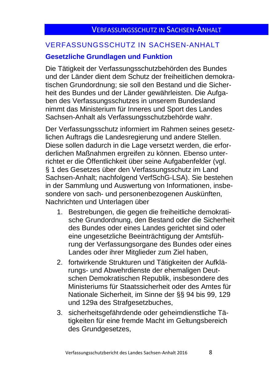 Seite 8 des Verfassungsschutzbericht 2016 Sachsen-Anhalt