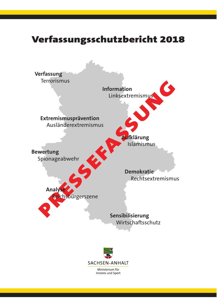 Seite 1 des Verfassungsschutzbericht 2018 Sachsen-Anhalt