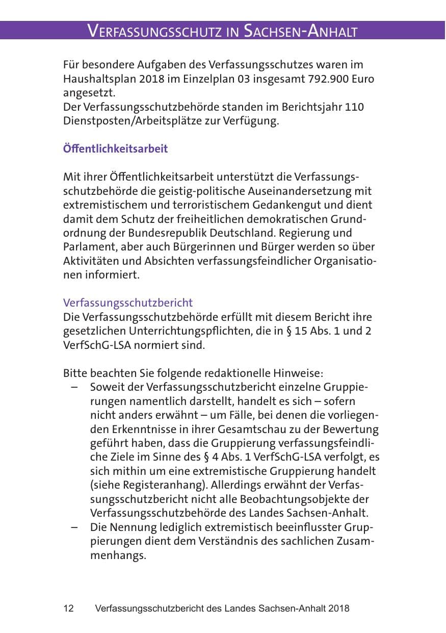 Seite 12 des Verfassungsschutzbericht 2018 Sachsen-Anhalt
