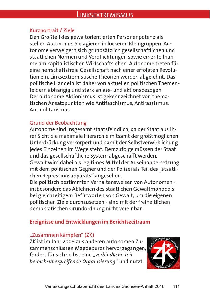 Seite 111 des Verfassungsschutzbericht 2018 Sachsen-Anhalt
