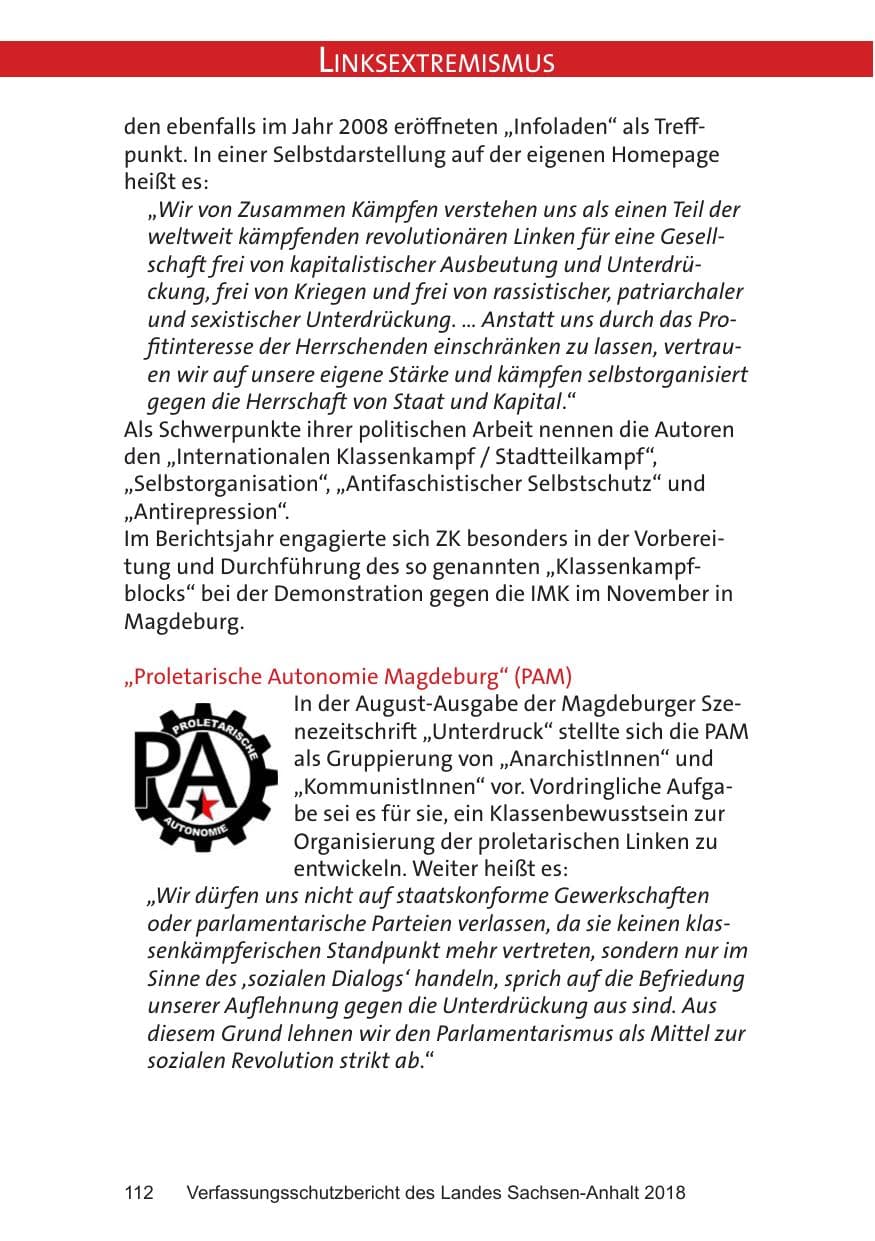 Seite 112 des Verfassungsschutzbericht 2018 Sachsen-Anhalt
