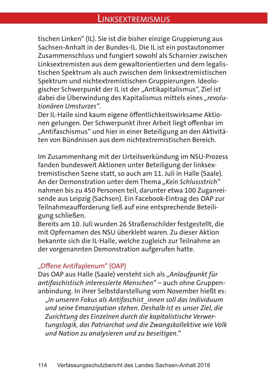 Seite 114 des Verfassungsschutzbericht 2018 Sachsen-Anhalt
