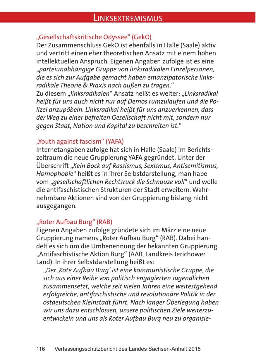 Seite 116 des Verfassungsschutzbericht 2018 Sachsen-Anhalt