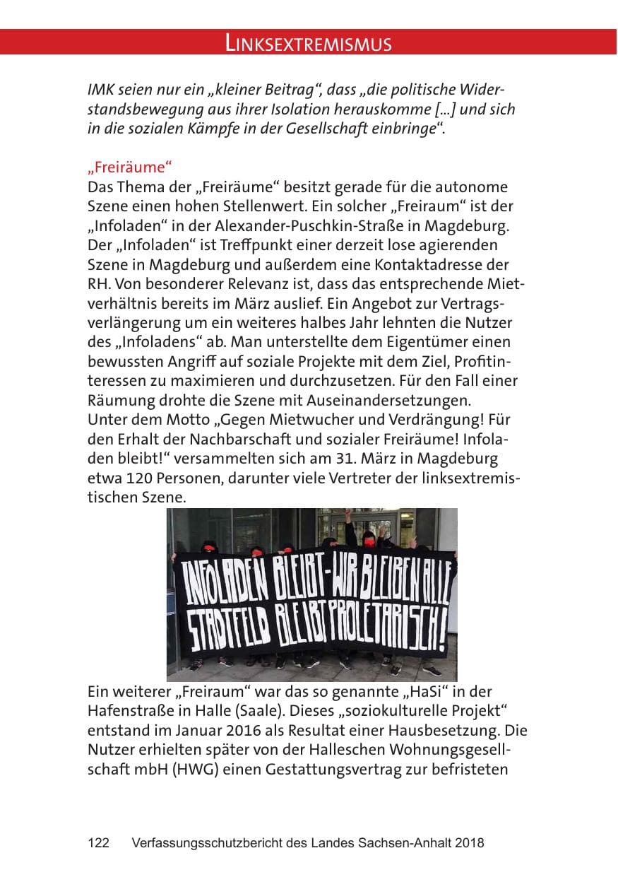 Seite 122 des Verfassungsschutzbericht 2018 Sachsen-Anhalt