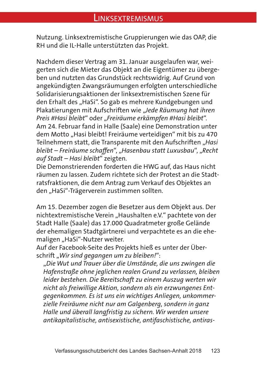 Seite 123 des Verfassungsschutzbericht 2018 Sachsen-Anhalt