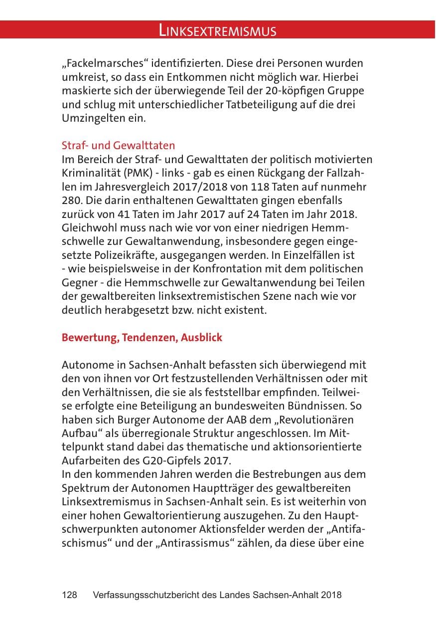 Seite 128 des Verfassungsschutzbericht 2018 Sachsen-Anhalt