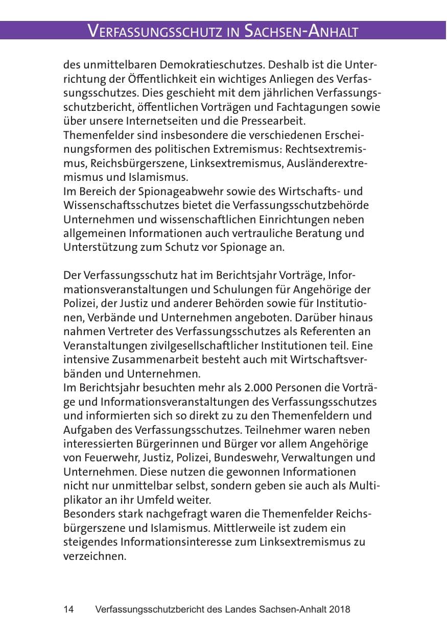 Seite 14 des Verfassungsschutzbericht 2018 Sachsen-Anhalt