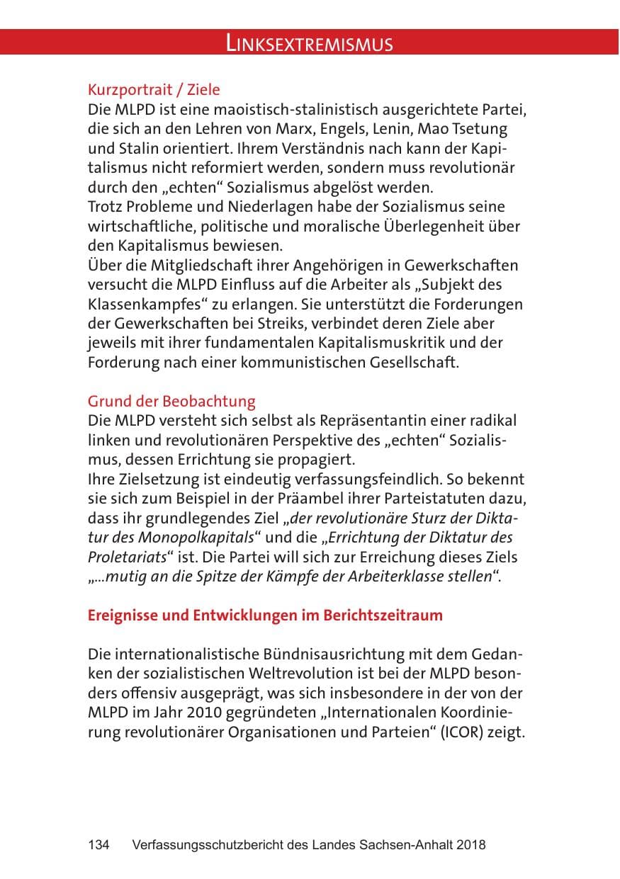 Seite 134 des Verfassungsschutzbericht 2018 Sachsen-Anhalt