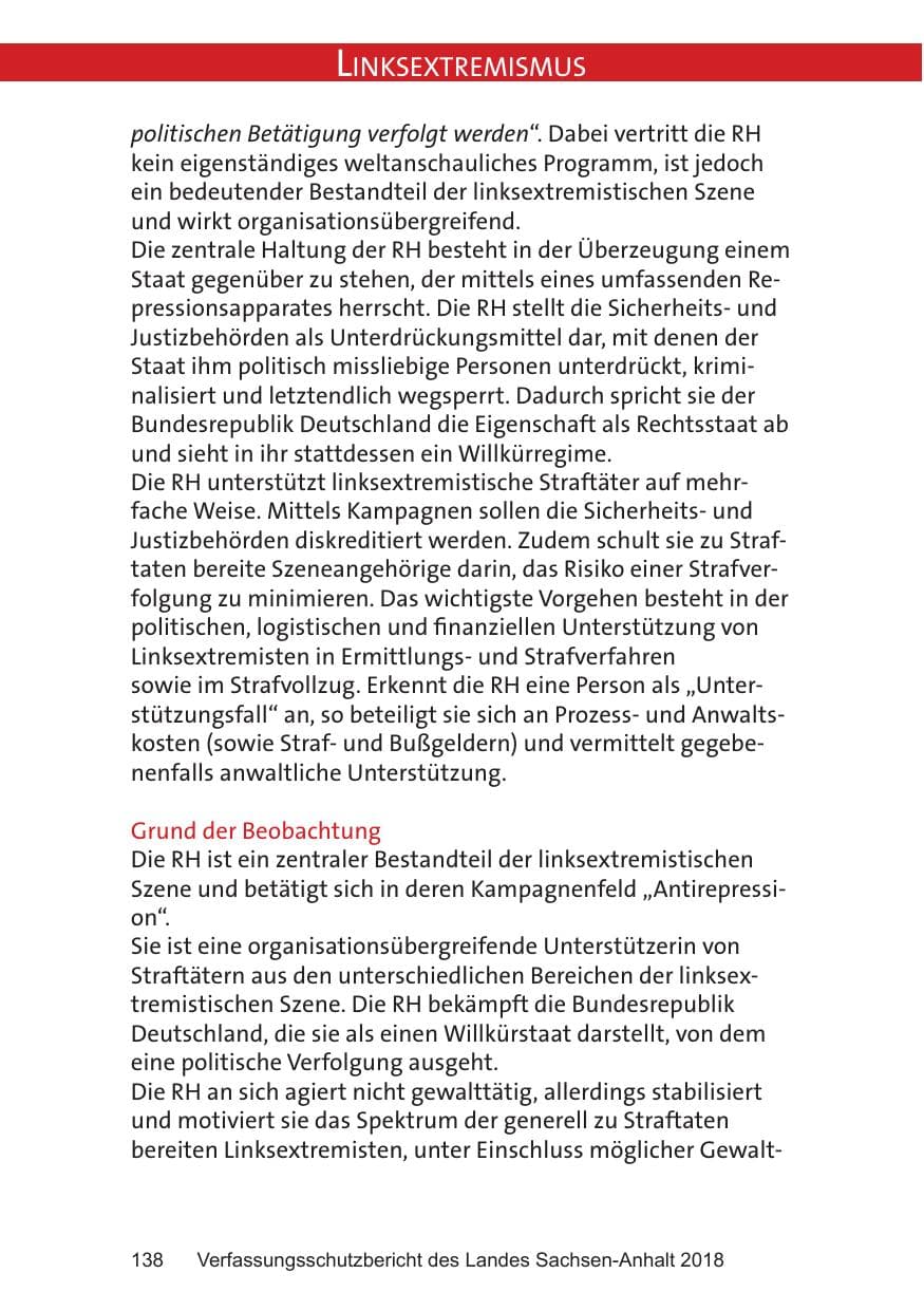 Seite 138 des Verfassungsschutzbericht 2018 Sachsen-Anhalt