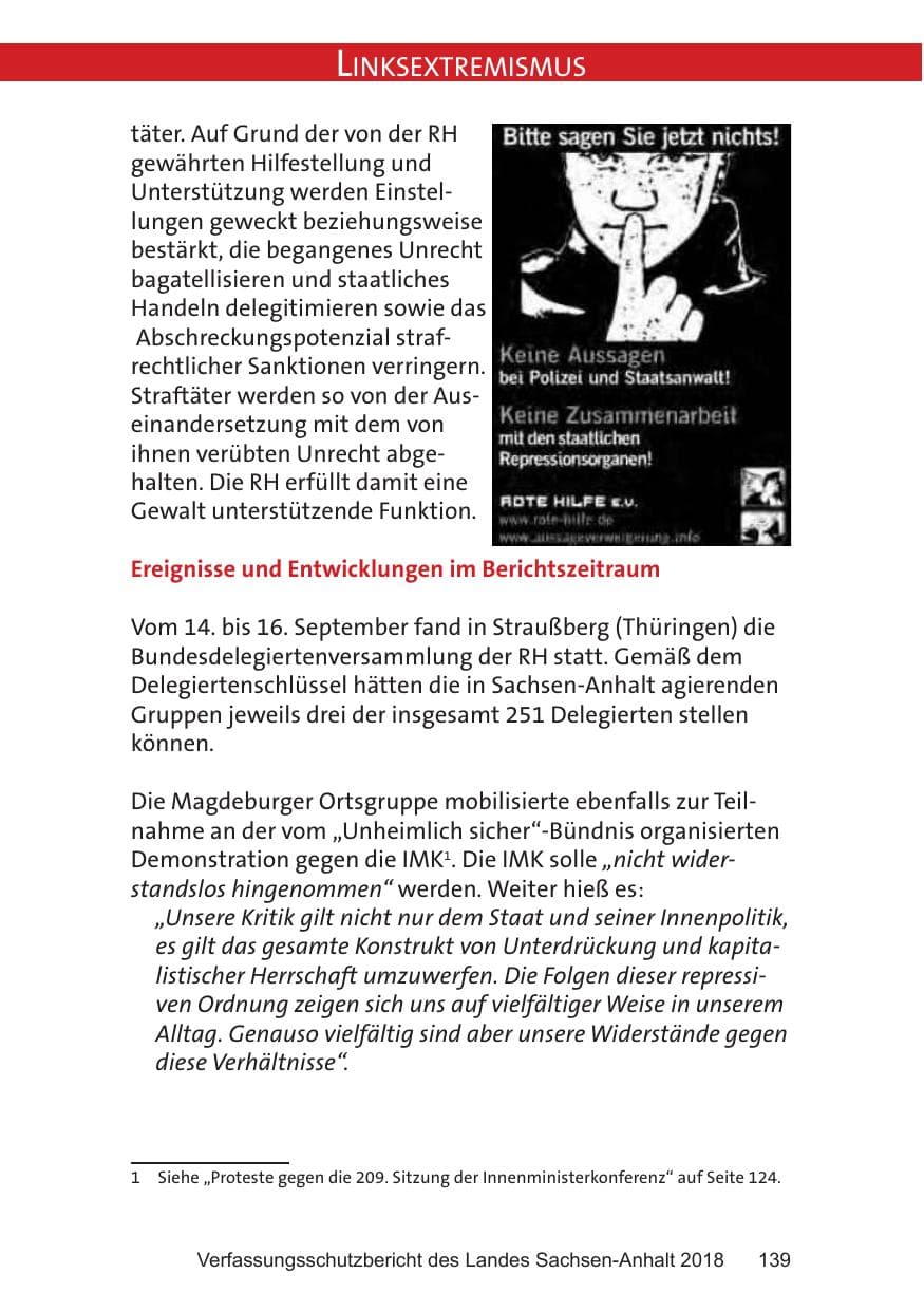 Seite 139 des Verfassungsschutzbericht 2018 Sachsen-Anhalt