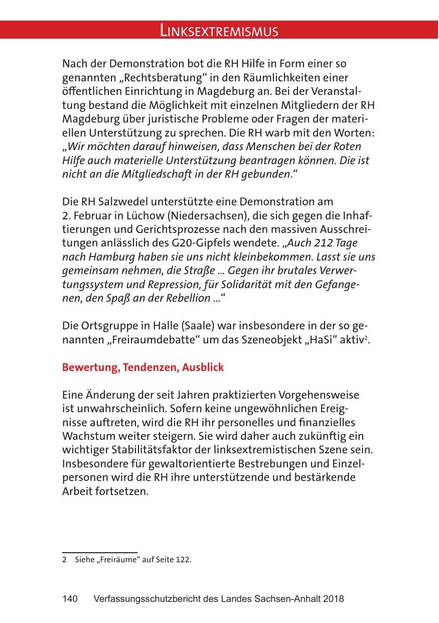 Seite 140 des Verfassungsschutzbericht 2018 Sachsen-Anhalt