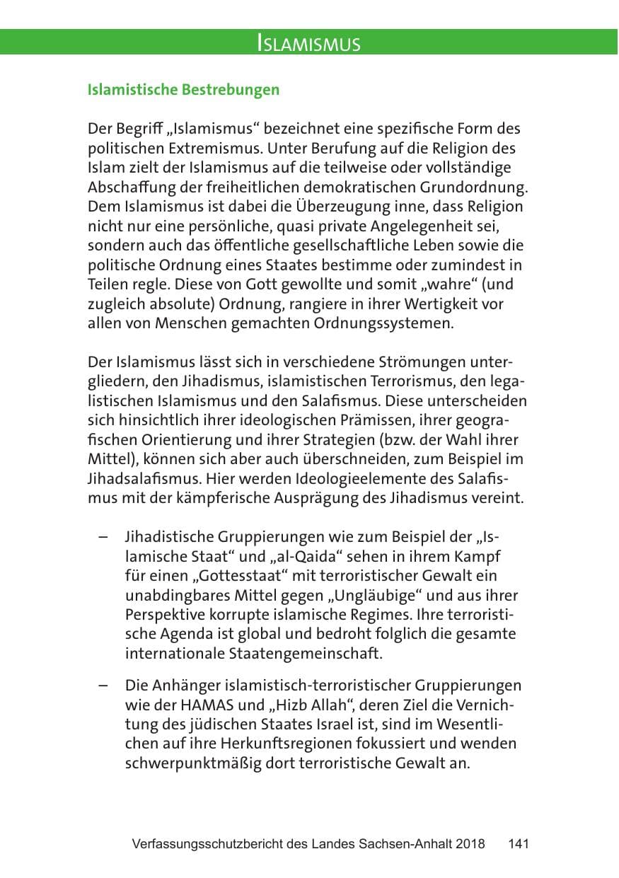 Seite 141 des Verfassungsschutzbericht 2018 Sachsen-Anhalt