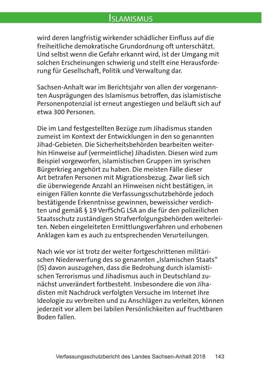 Seite 143 des Verfassungsschutzbericht 2018 Sachsen-Anhalt
