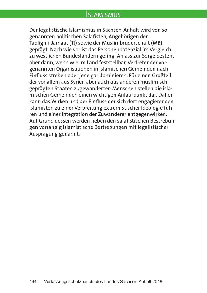 Seite 144 des Verfassungsschutzbericht 2018 Sachsen-Anhalt