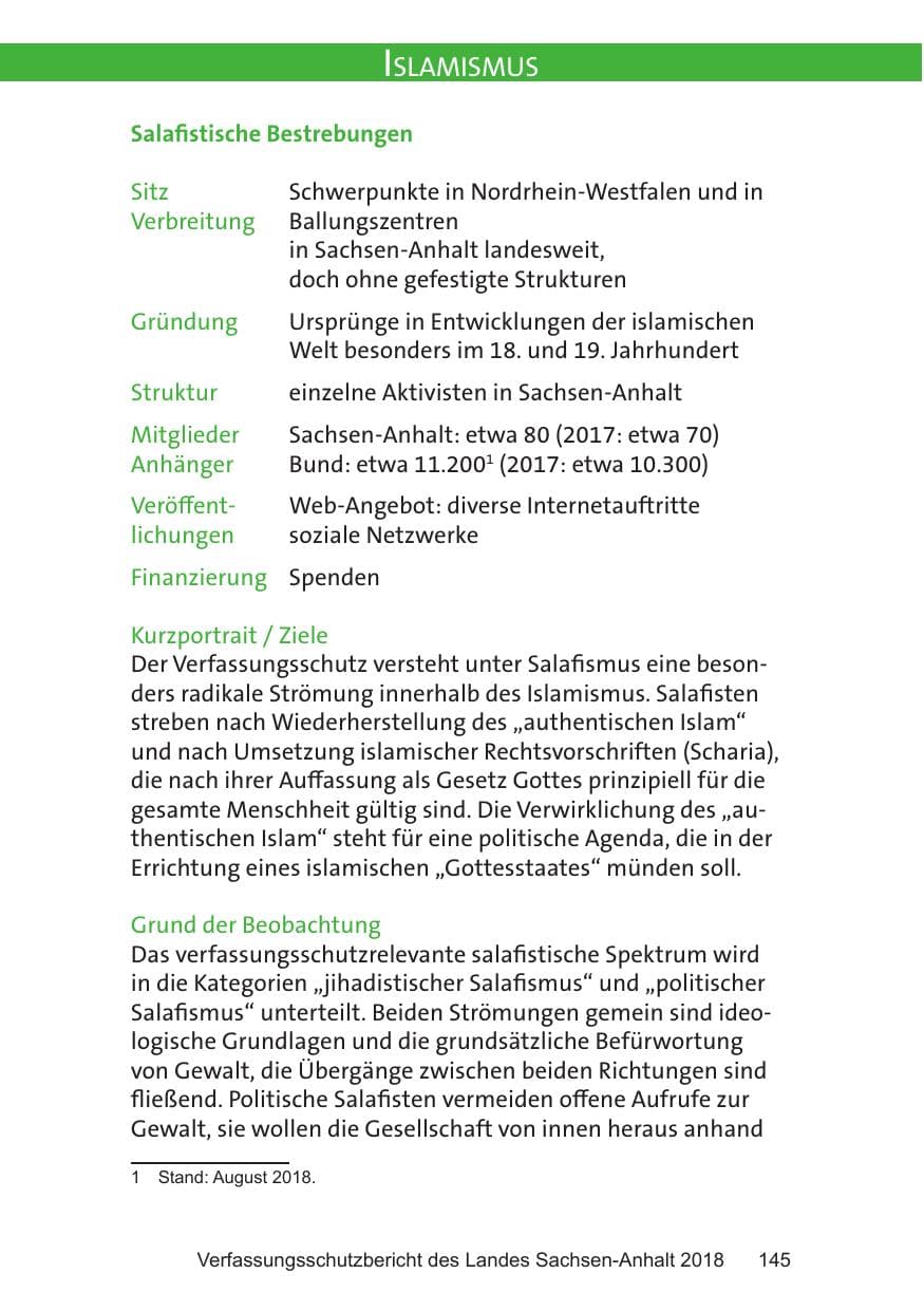 Seite 145 des Verfassungsschutzbericht 2018 Sachsen-Anhalt
