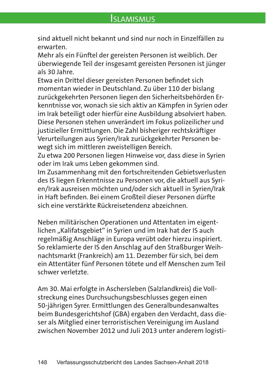Seite 148 des Verfassungsschutzbericht 2018 Sachsen-Anhalt