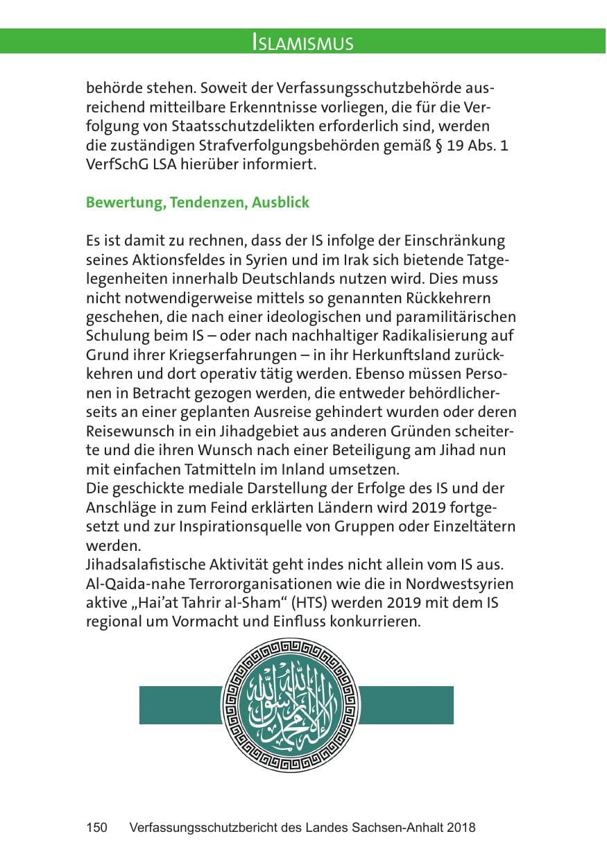 Seite 150 des Verfassungsschutzbericht 2018 Sachsen-Anhalt