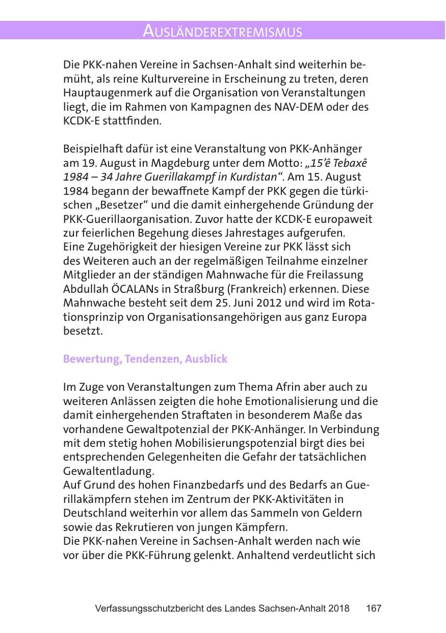 Seite 167 des Verfassungsschutzbericht 2018 Sachsen-Anhalt