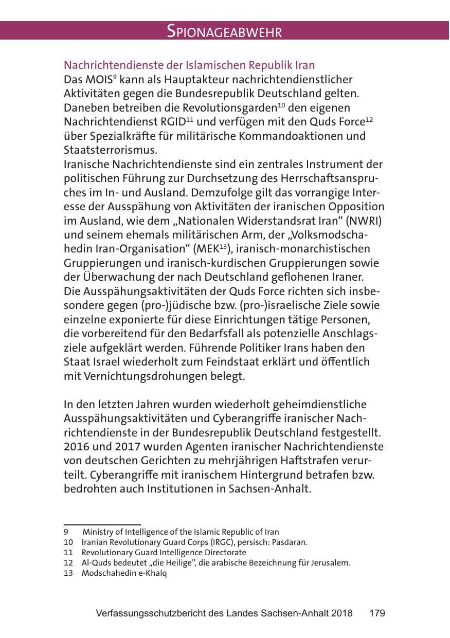 Seite 179 des Verfassungsschutzbericht 2018 Sachsen-Anhalt
