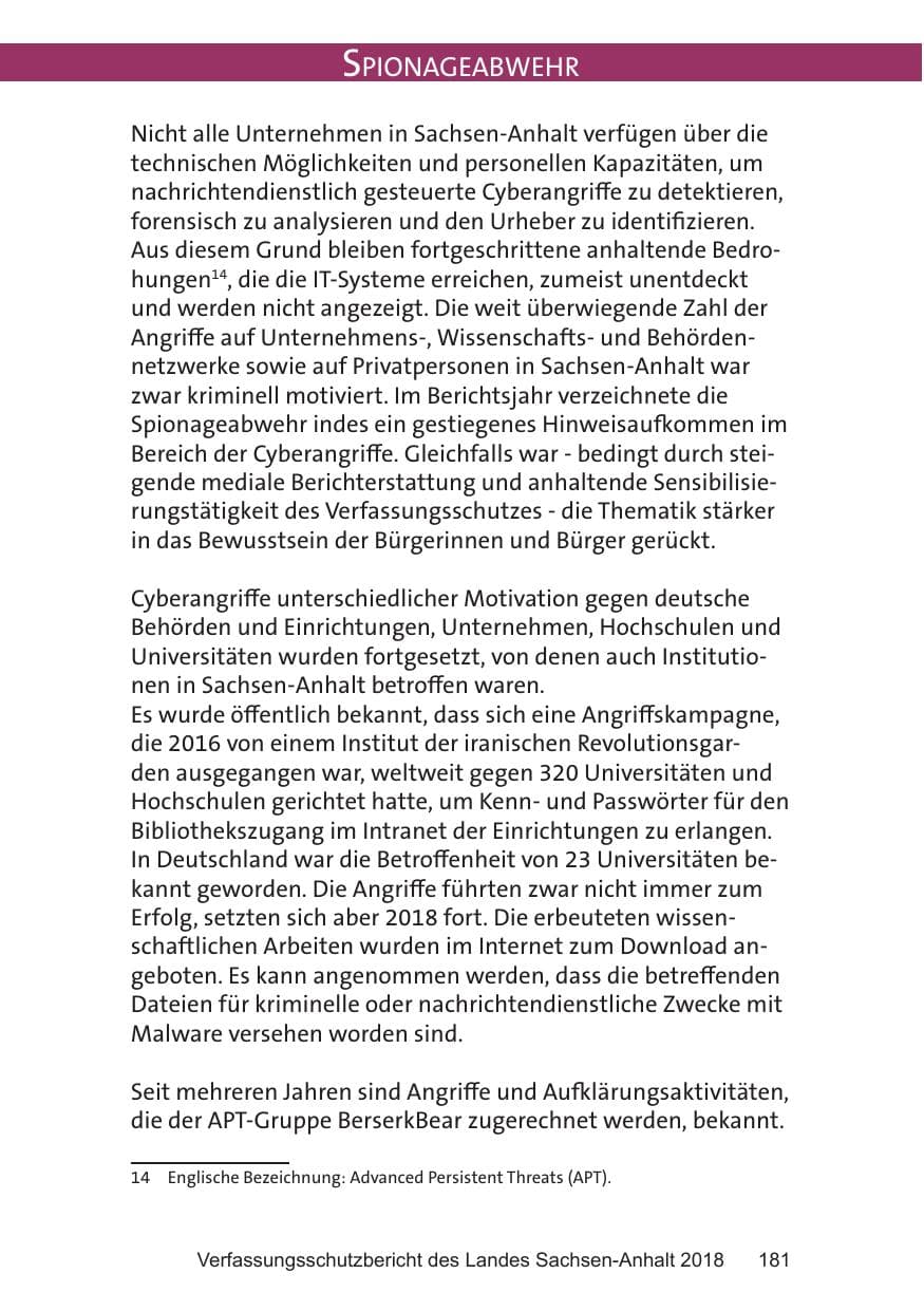 Seite 181 des Verfassungsschutzbericht 2018 Sachsen-Anhalt
