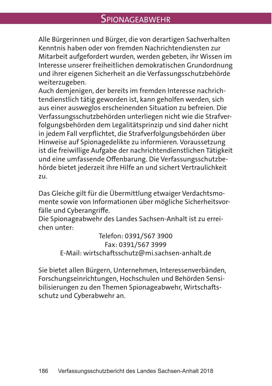 Seite 186 des Verfassungsschutzbericht 2018 Sachsen-Anhalt