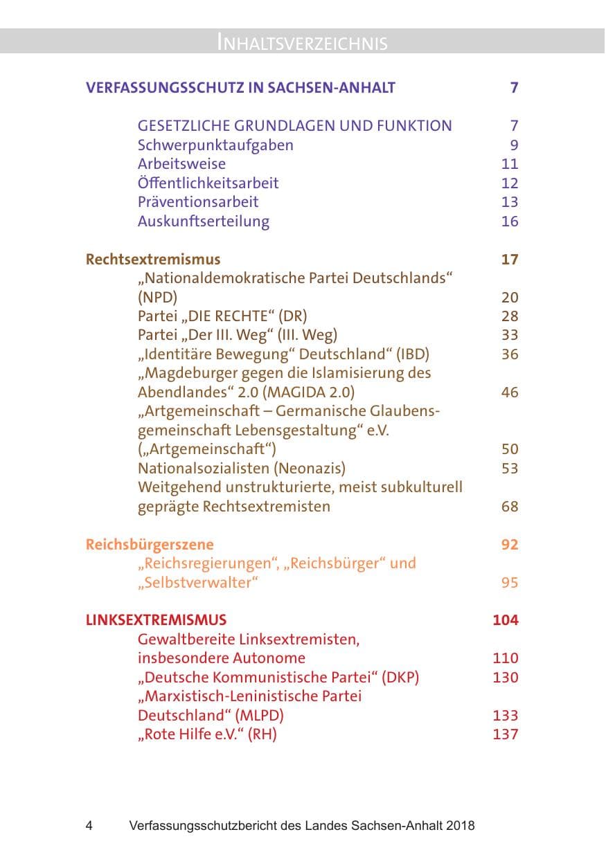 Seite 4 des Verfassungsschutzbericht 2018 Sachsen-Anhalt