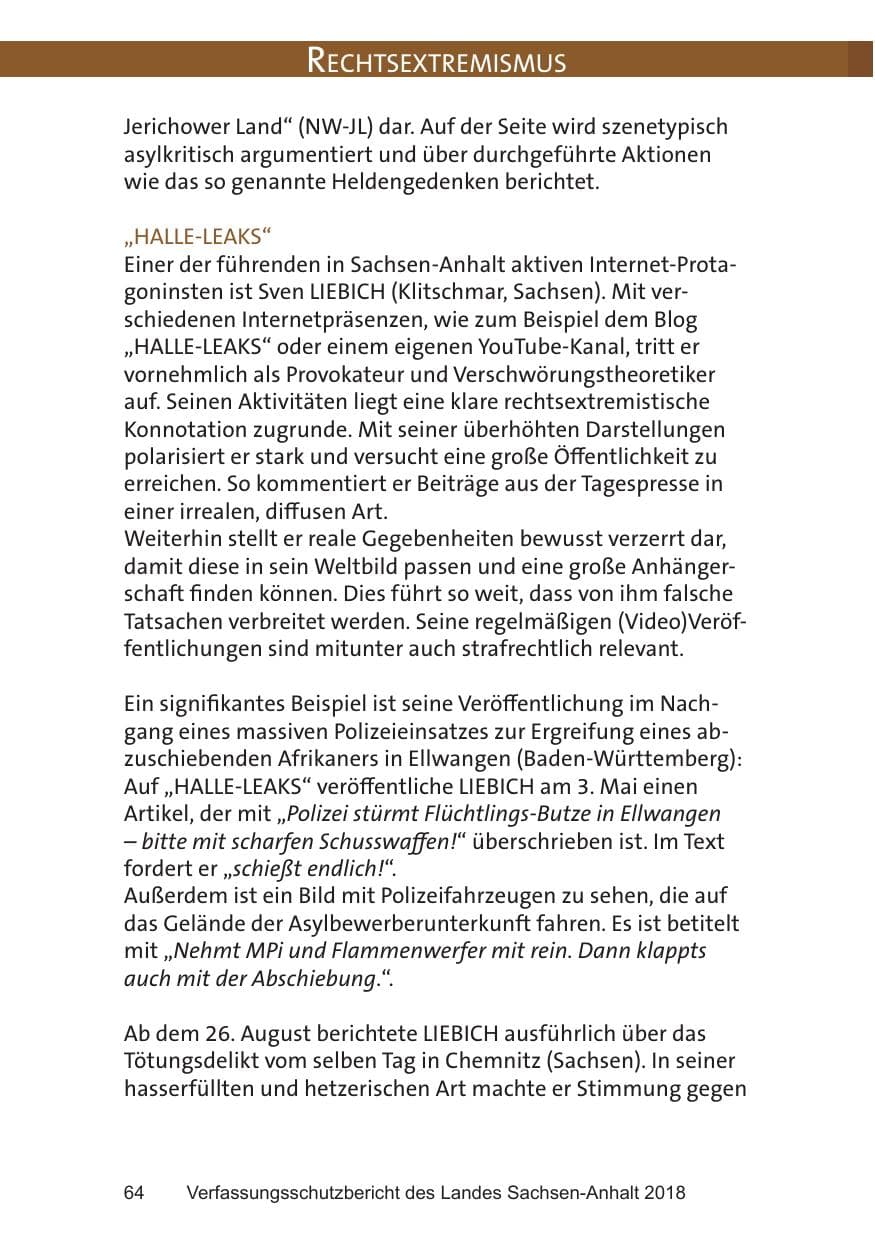 Seite 64 des Verfassungsschutzbericht 2018 Sachsen-Anhalt