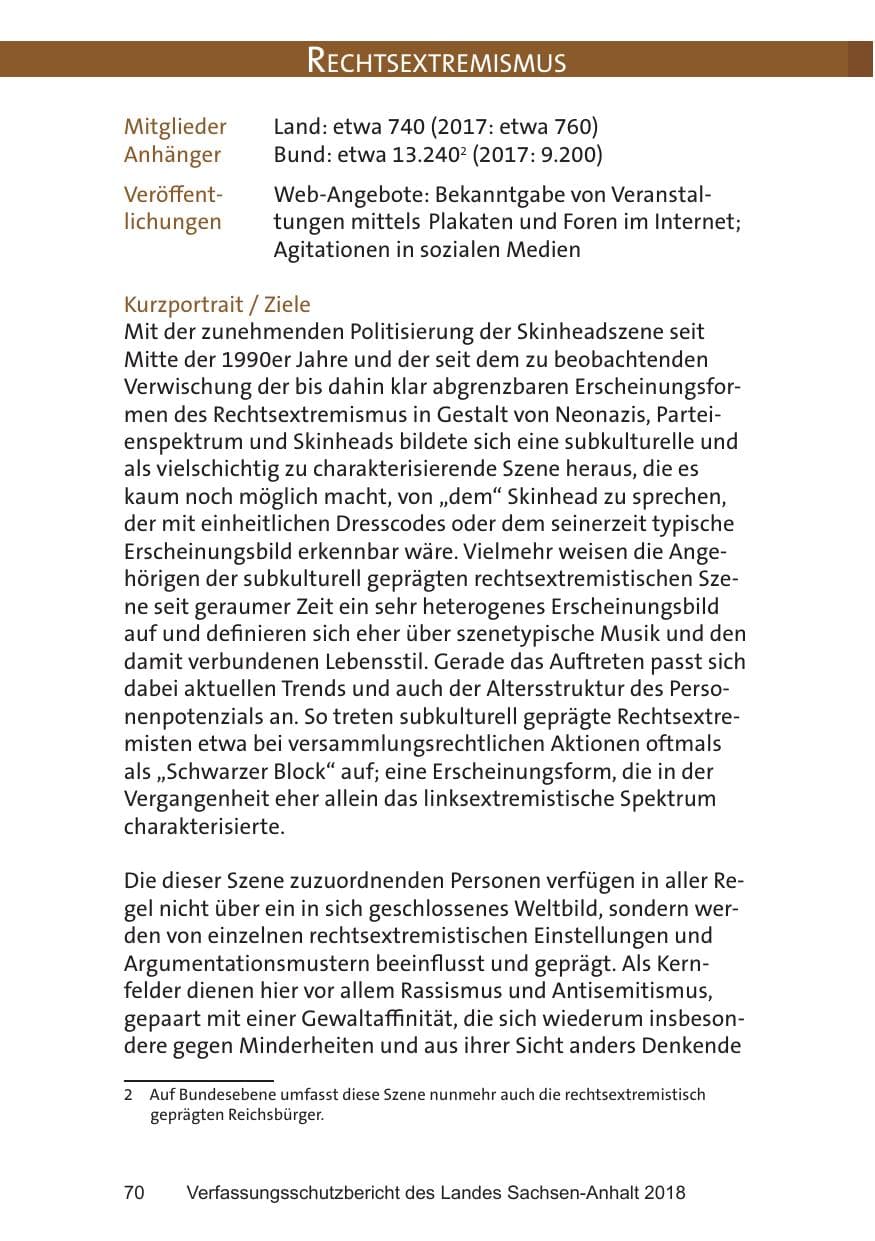 Seite 70 des Verfassungsschutzbericht 2018 Sachsen-Anhalt