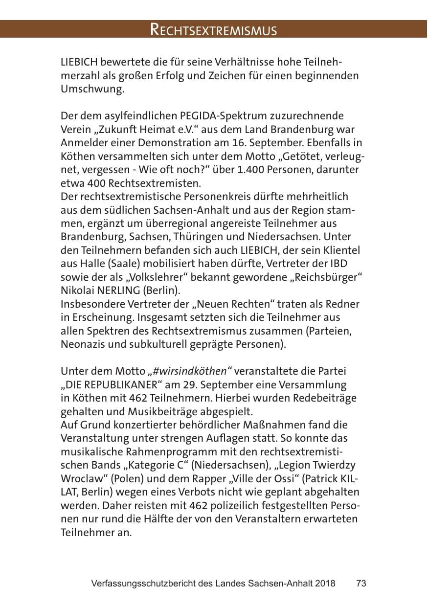 Seite 73 des Verfassungsschutzbericht 2018 Sachsen-Anhalt