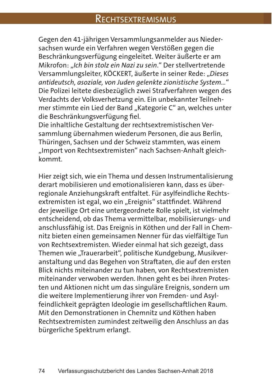 Seite 74 des Verfassungsschutzbericht 2018 Sachsen-Anhalt