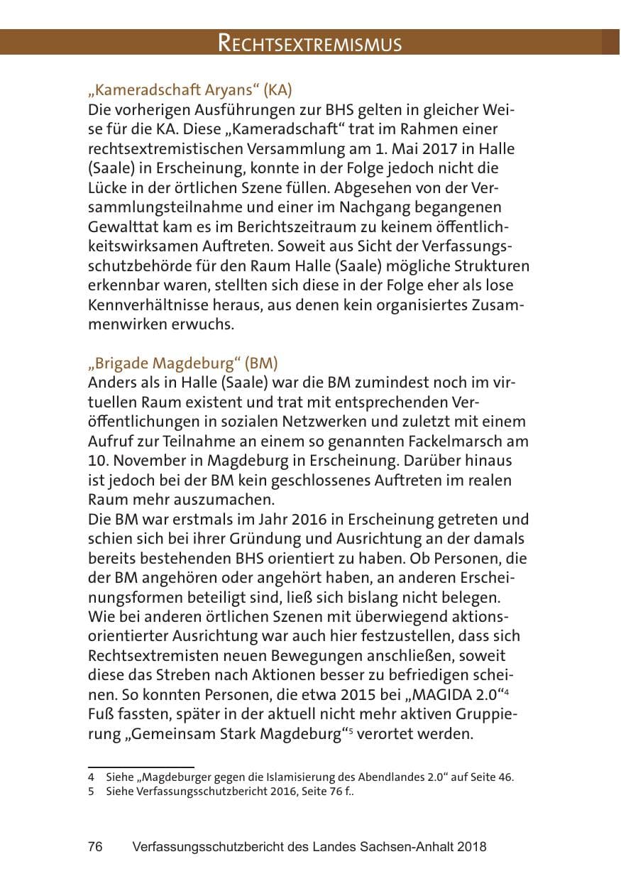 Seite 76 des Verfassungsschutzbericht 2018 Sachsen-Anhalt
