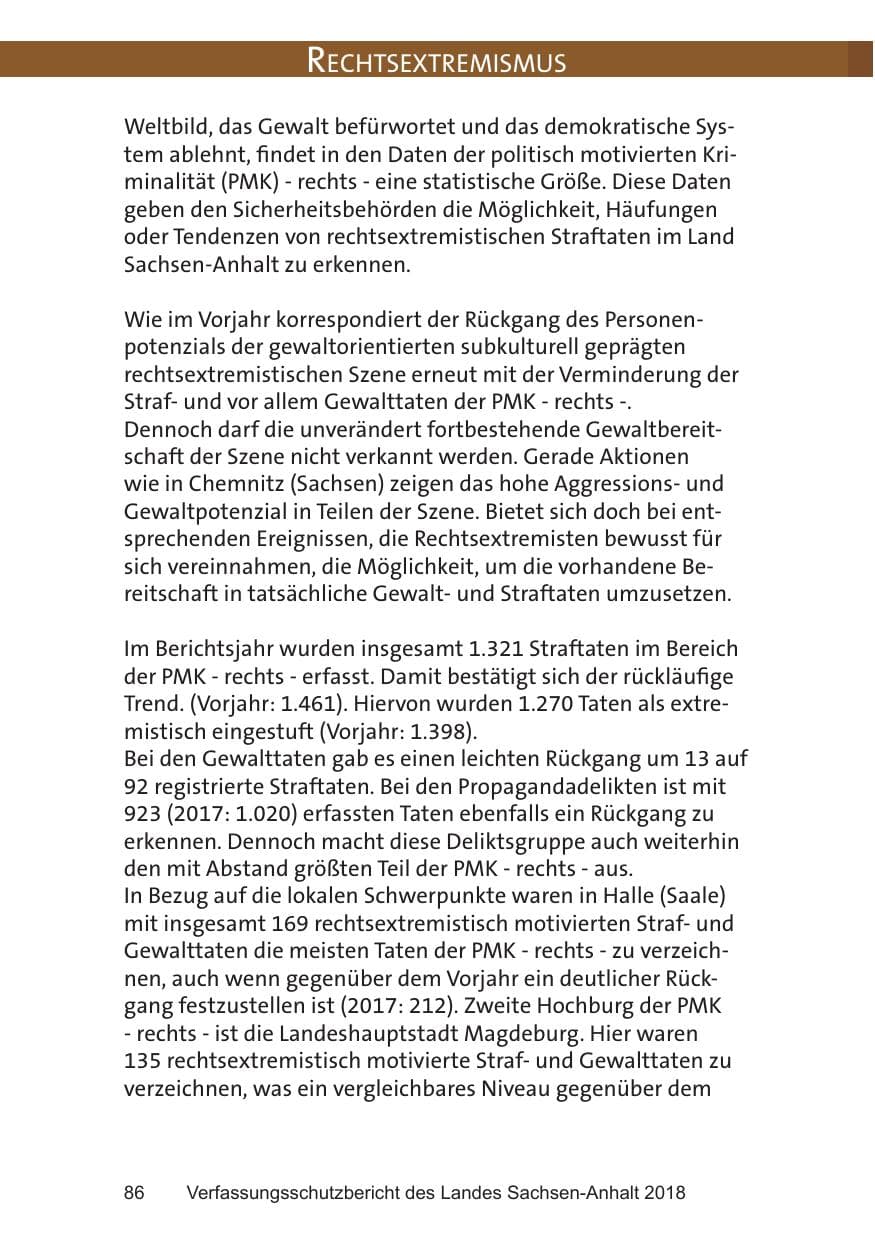 Seite 86 des Verfassungsschutzbericht 2018 Sachsen-Anhalt