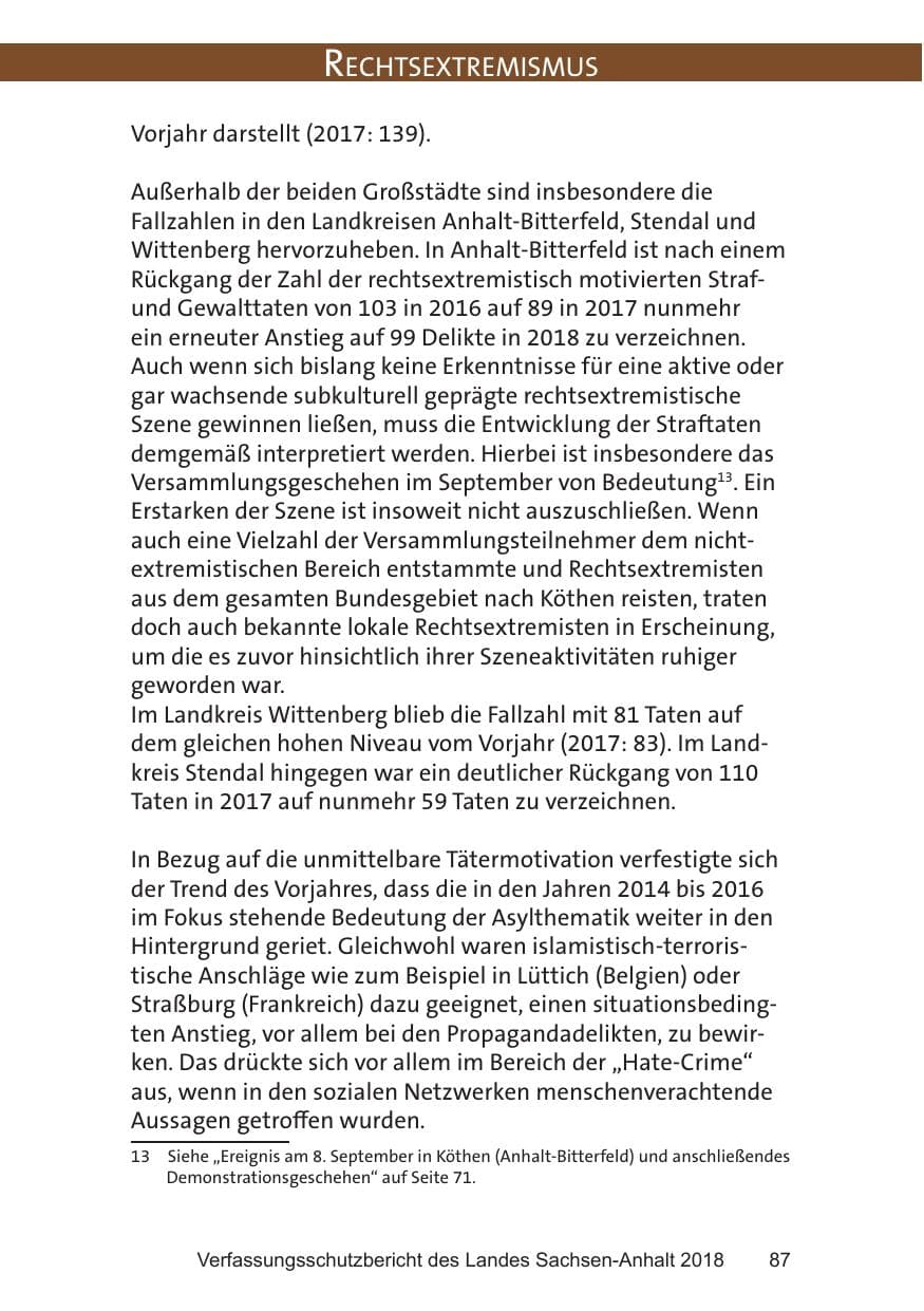 Seite 87 des Verfassungsschutzbericht 2018 Sachsen-Anhalt