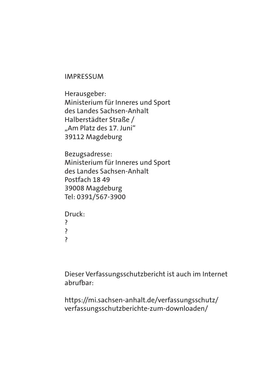 Seite 2 des Verfassungsschutzbericht 2019 Sachsen-Anhalt
