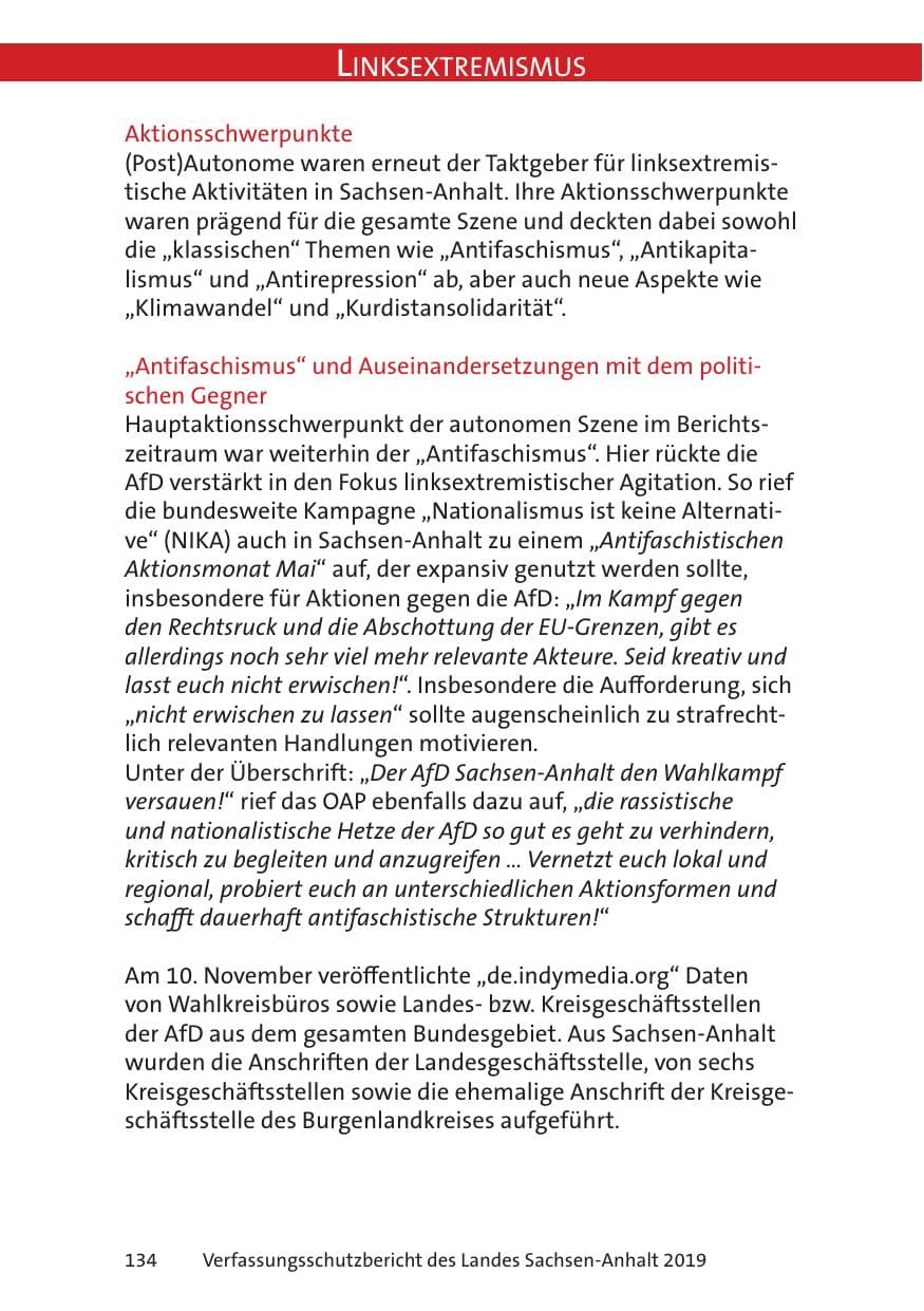 Seite 136 des Verfassungsschutzbericht 2019 Sachsen-Anhalt