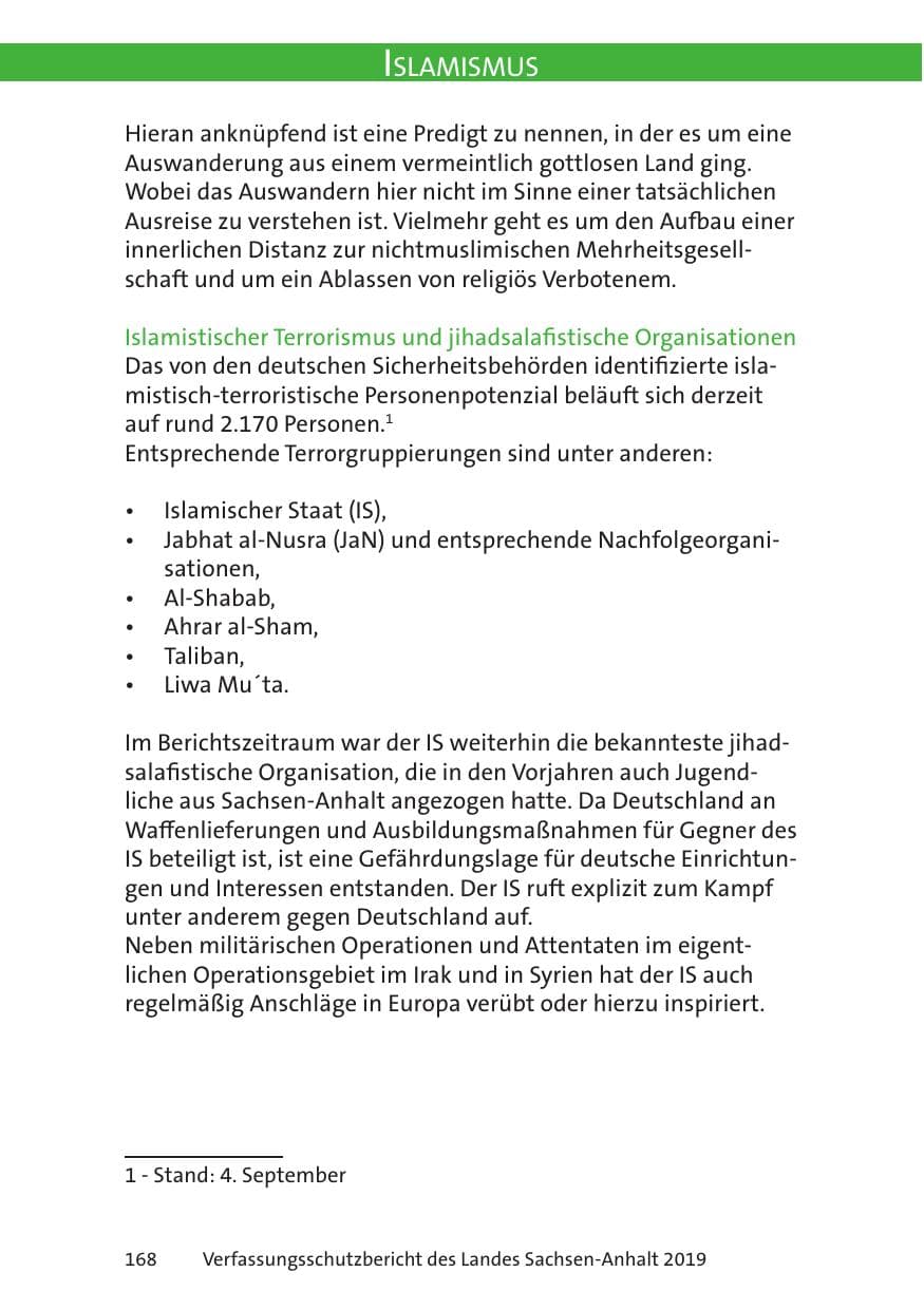 Seite 170 des Verfassungsschutzbericht 2019 Sachsen-Anhalt