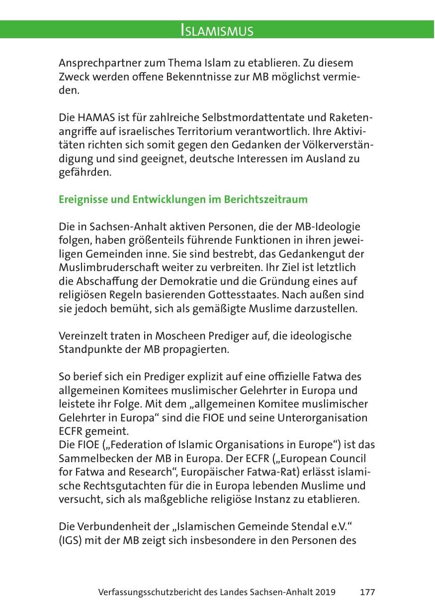 Seite 179 des Verfassungsschutzbericht 2019 Sachsen-Anhalt