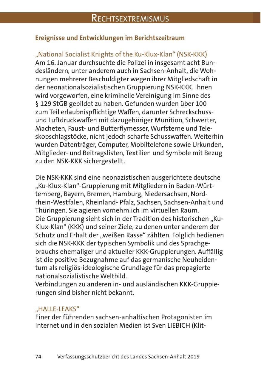 Seite 76 des Verfassungsschutzbericht 2019 Sachsen-Anhalt