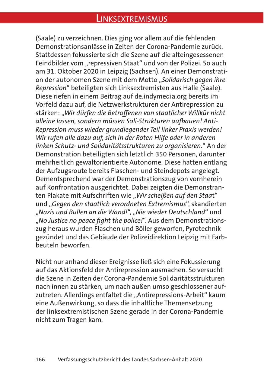 Seite 168 des Verfassungsschutzbericht 2020 Sachsen-Anhalt
