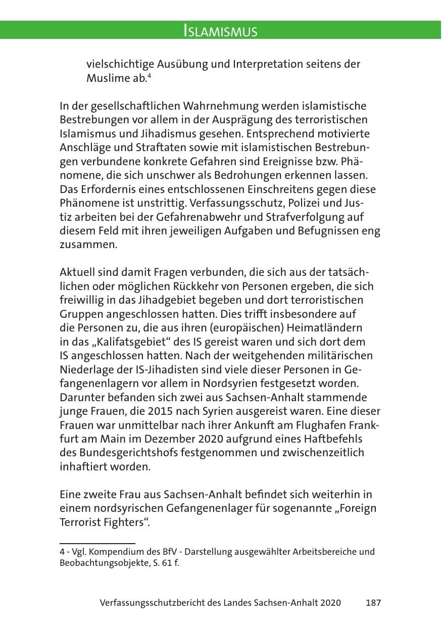 Seite 189 des Verfassungsschutzbericht 2020 Sachsen-Anhalt