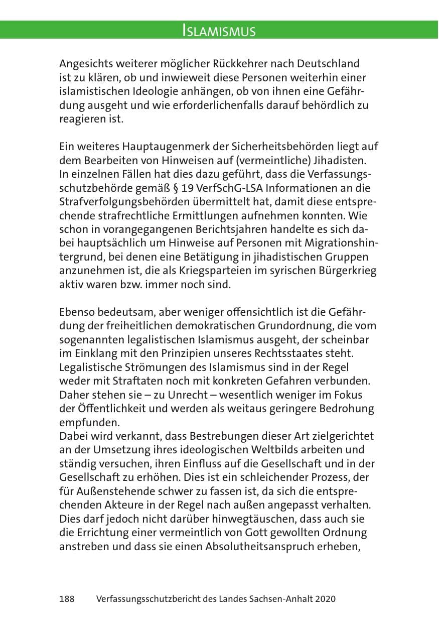 Seite 190 des Verfassungsschutzbericht 2020 Sachsen-Anhalt