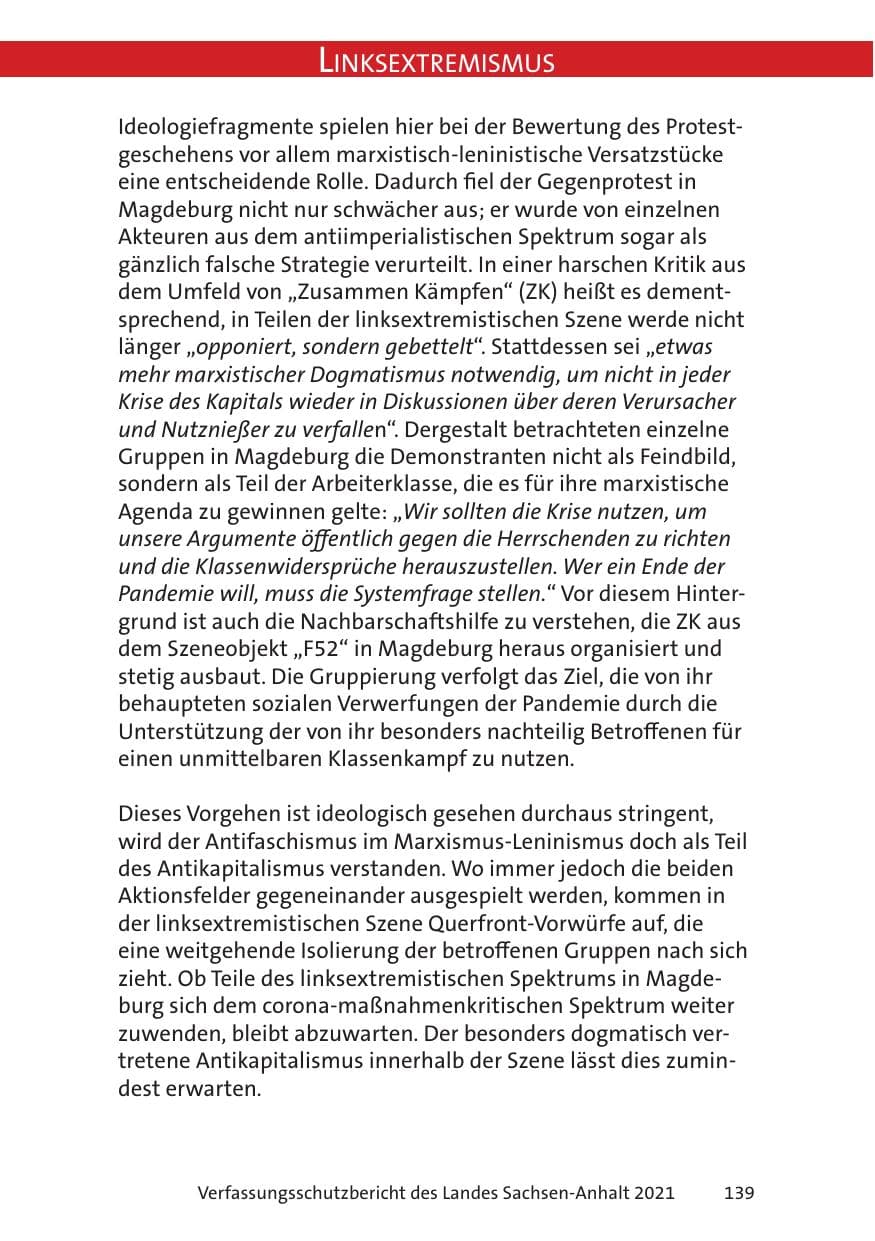Seite 141 des Verfassungsschutzbericht 2021 Sachsen-Anhalt