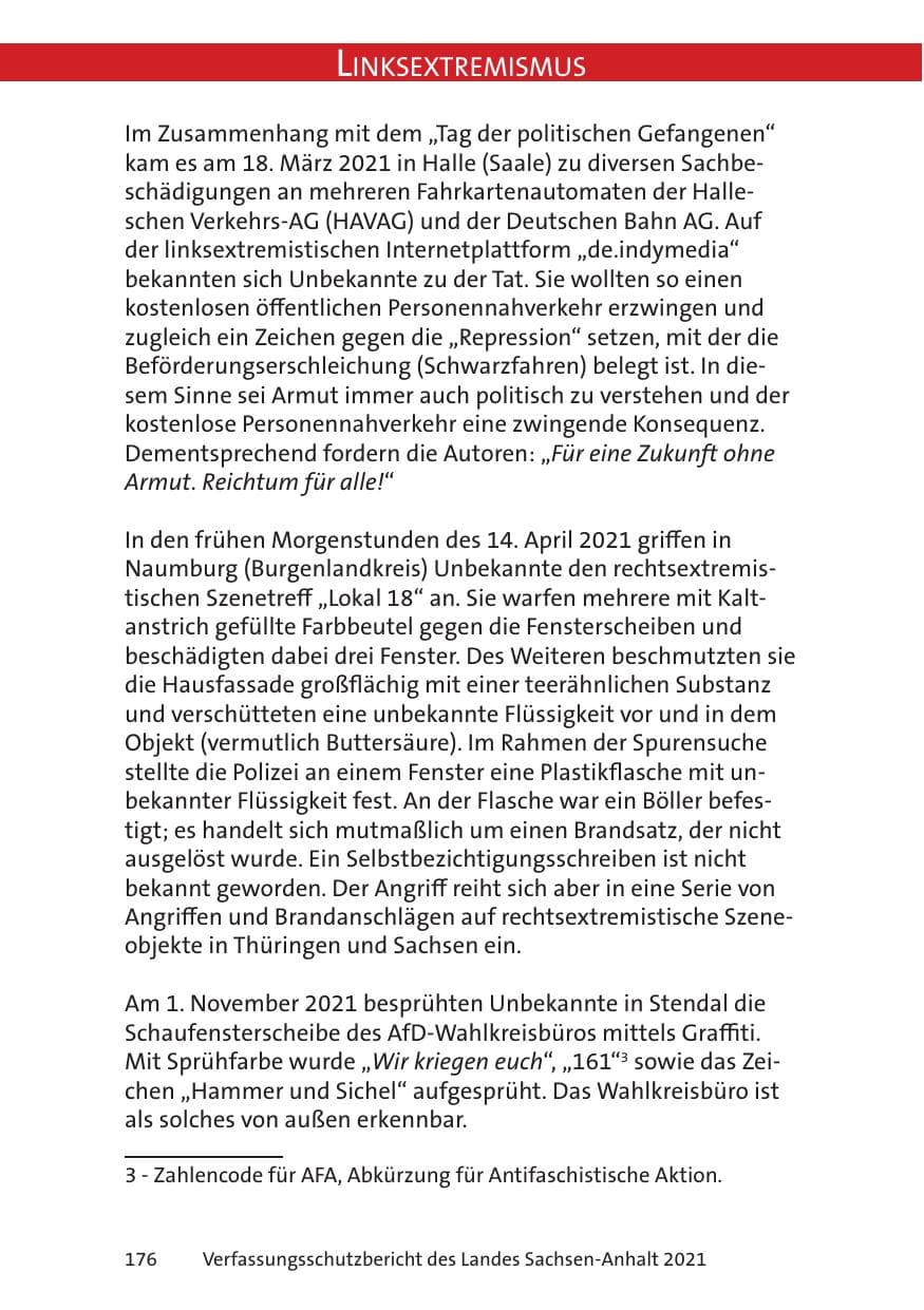 Seite 178 des Verfassungsschutzbericht 2021 Sachsen-Anhalt