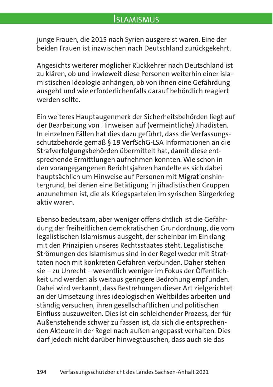Seite 196 des Verfassungsschutzbericht 2021 Sachsen-Anhalt
