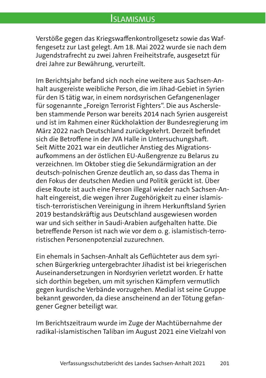 Seite 203 des Verfassungsschutzbericht 2021 Sachsen-Anhalt