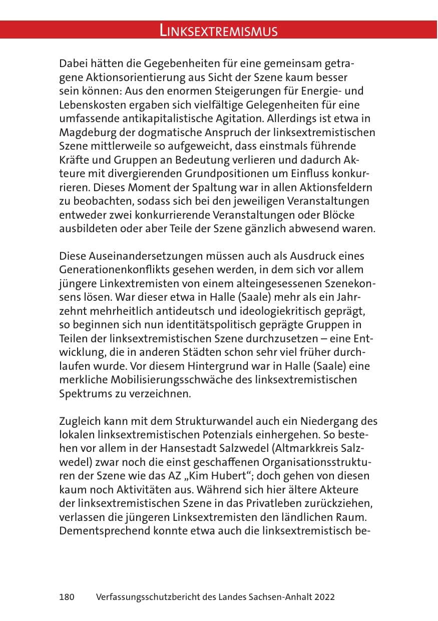 Seite 182 des Verfassungsschutzbericht 2022 Sachsen-Anhalt